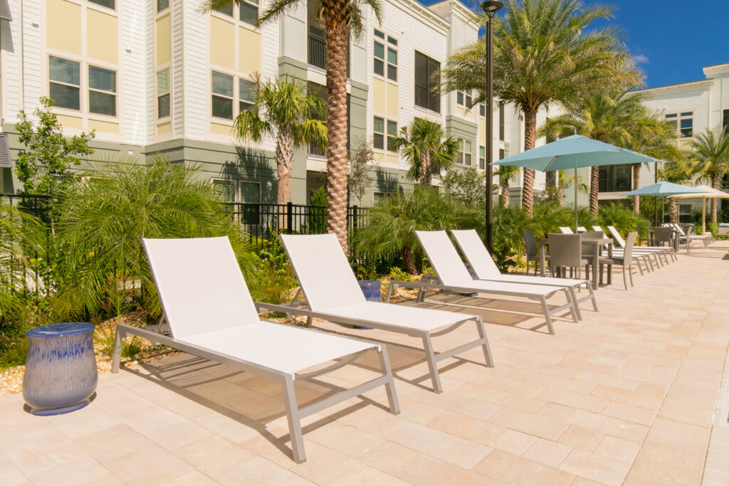 Beach chairs near a swimming pool